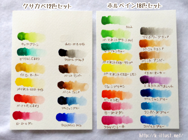 クサカベ透明水彩絵の具12色セットの色見本 ホルベインと比較