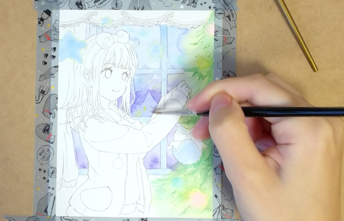 透明水彩メイキング クリスマスな女の子のイラスト描いてみた